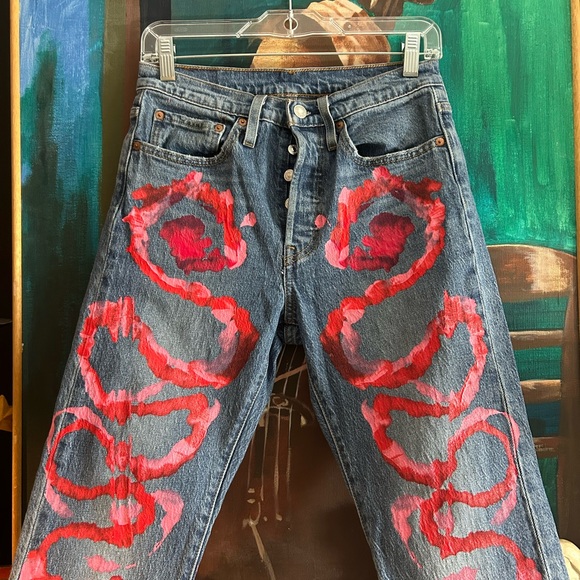 Levi's 501’s Blue and Pink Painted Artistic Straight Leg Jeans W26" X L28" - Picture 5 of 16